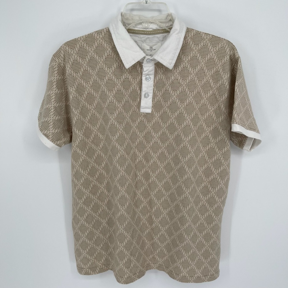Craft +Flow Men's Beige Geometric Textured Short Sleeve Wesley Polo Shirt Size L